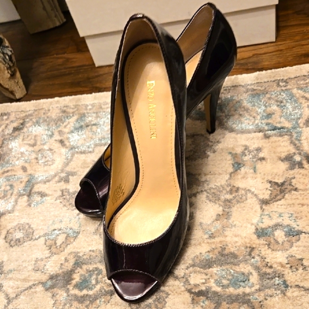 Deep Plum Patent Leather Peep-Toe Platform Stiletto Heels